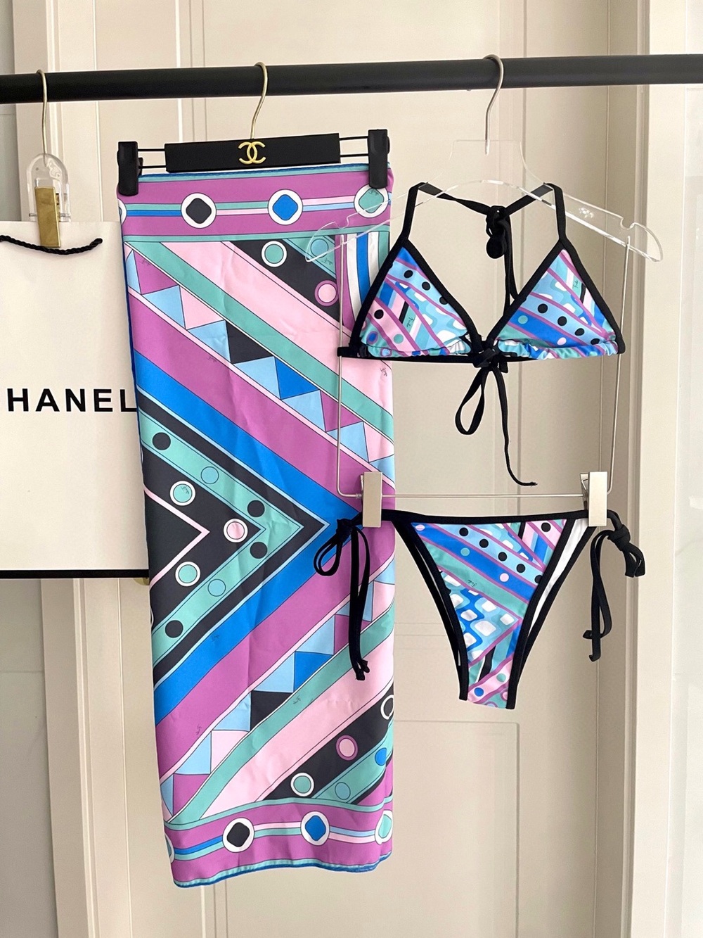 Emilio Pucci Pink Blue Purple Patterned Triangle Bikini with Sarong